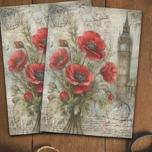Vintage Crimson Red Poppy Travel Decoupage Tissue Paper