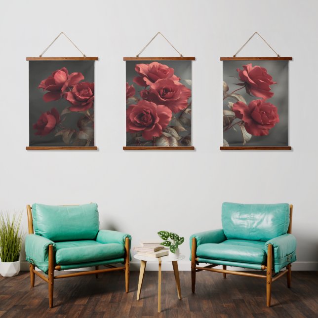 Vintage Crimson Roses Triptych - Moody Botanical Hanging Tapestry (Living Room)