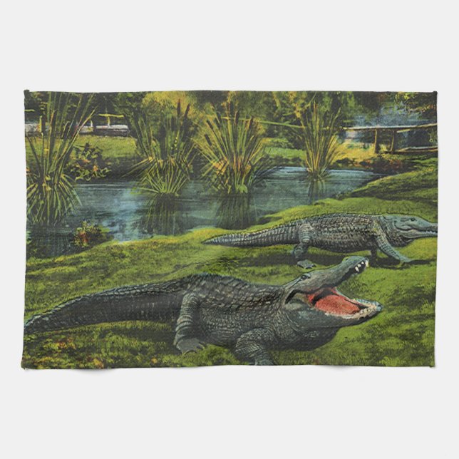 Vintage Crocodiles, Marine Life Reptiles Animals Kitchen Towel (Horizontal)