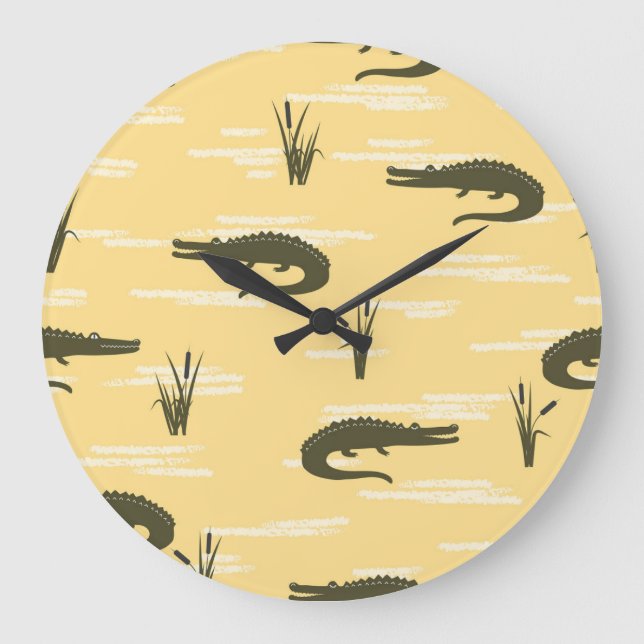 Vintage Crocodiles: Yellow Seamless Pattern Large Clock (Front)