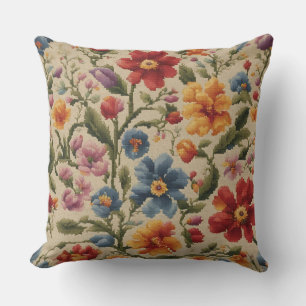 Vintage Cross Stitch Colourful Floral Pattern Throw Pillow
