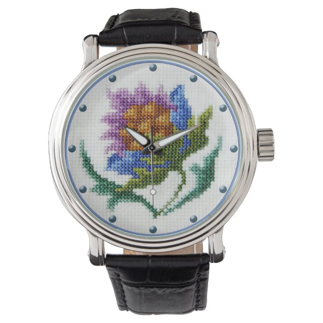 Vintage cross stitch embroidered flower watch (Front)