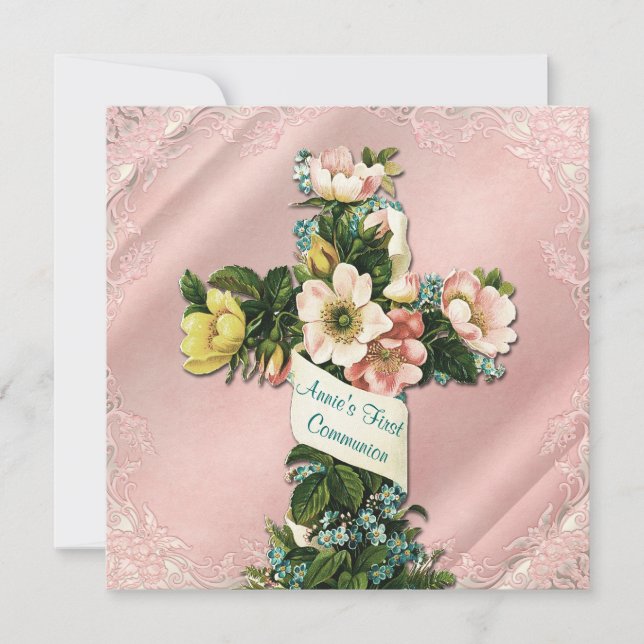 Vintage Cross Vintage Pink First Communion Invitation (Front)