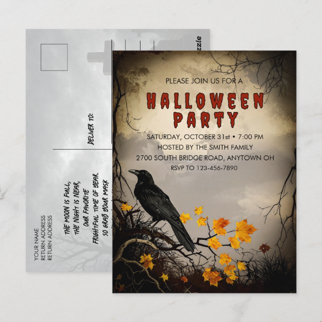Vintage Crow & Autumn Leaves Halloween Invitation (Devant / Derrière)