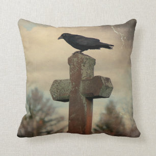 Vintage Crow Goth Image Throw Pillow
