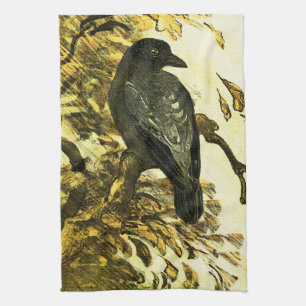 Vintage Crow Perched on a branch Theo van Hoytema Kitchen Towel