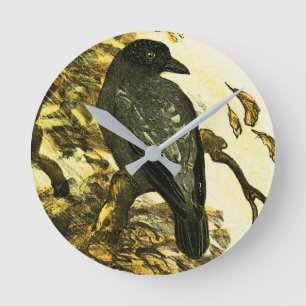 Vintage Crow Perched on a branch Theo van Hoytema Round Clock
