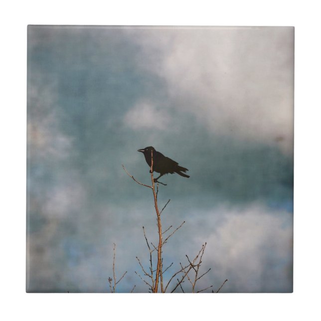 Vintage crow perched on a tree tile (Front)