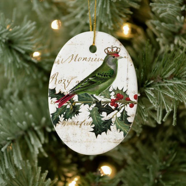 Vintage Crown Green Bird & Holly Ceramic Ornament (Tree)