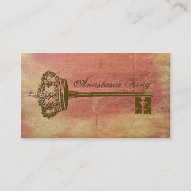 Vintage Crown & Key Elegant Business Cards PinkII (Front)