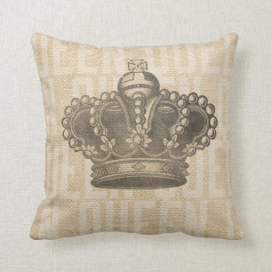 Vintage Crown on Burlap Queen Throw Pillow