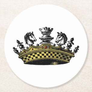 Vintage Crown With Chess Pieces Colour Round Paper Coaster