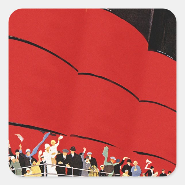 Vintage Cruise Ship Passengers Waving Goodbye Square Sticker (Front)