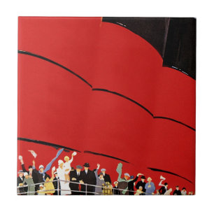 Vintage Cruise Ship Passengers Waving Goodbye Tile