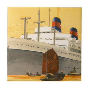 Vintage Cruise Ship to the Orient with Junks Boats Tile