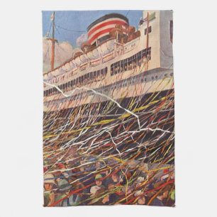 Vintage Cruise Ship Vacation; Bon Voyage Party! Kitchen Towel