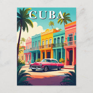 Vintage Cuba Car and Colorful Colonial Street Postcard