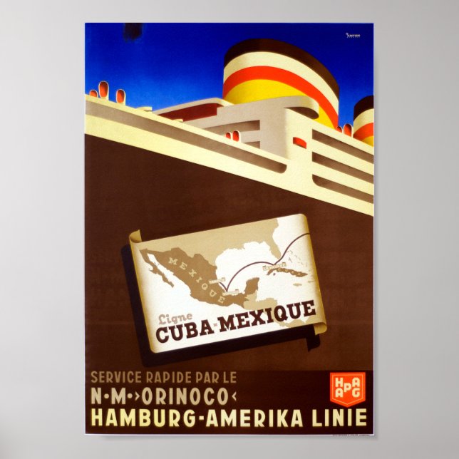 Vintage Cuba Mexico Cruise Ocean Liner Travel Poster (Front)
