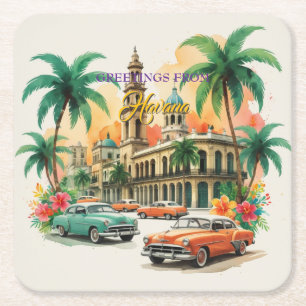 Vintage Cuba Travel - Greetings From Havana Square Paper Coaster