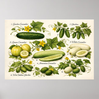 Vintage Cucumber Varieties Botanical Illustration  Poster