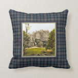 Vintage Culzean Castle Clan Kennedy Tartan Throw Pillow<br><div class="desc">Throw pillow with a vintage photo lithograph of Culzean Castle in Scotland from 1895 pictures a large castle with a greenhouse and garden in the foreground. Digitally cleaned, enhanced and artistically rendered to resemble pen and ink with watercolors. Framed and backed with the Clan Kennedy ancient tartan, a traditional Scottish...</div>