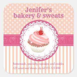 Vintage cupcakes bakery polka dots stripes square sticker