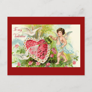 Vintage Cupid watered flowers heart Postcard