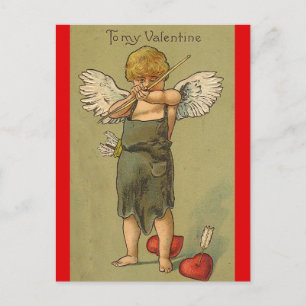 Vintage Cupid With a Bow and Two Hearts Valentine Postcard