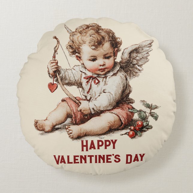 Vintage Cupid With Heart Bow Round Pillow (Front)
