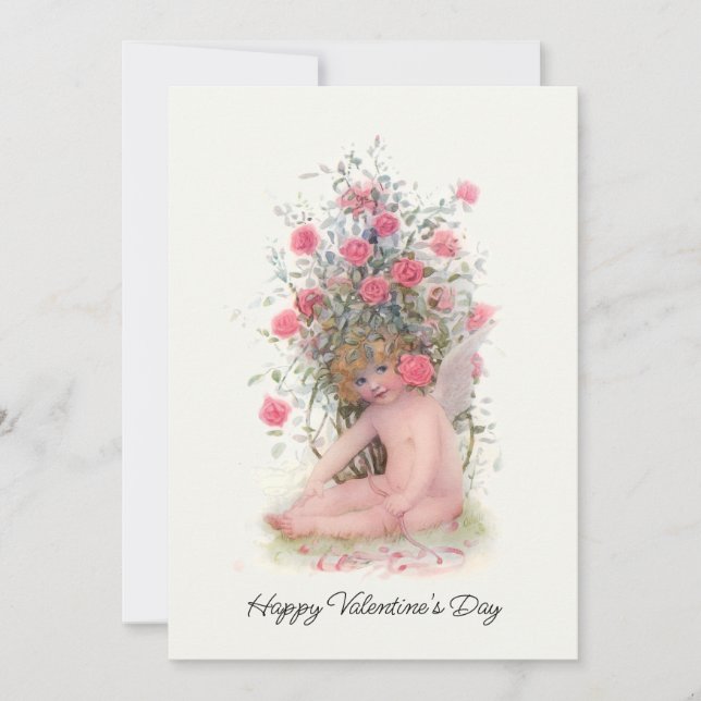 Vintage Cupid with Pink Roses Valentine Holiday Card (Front)