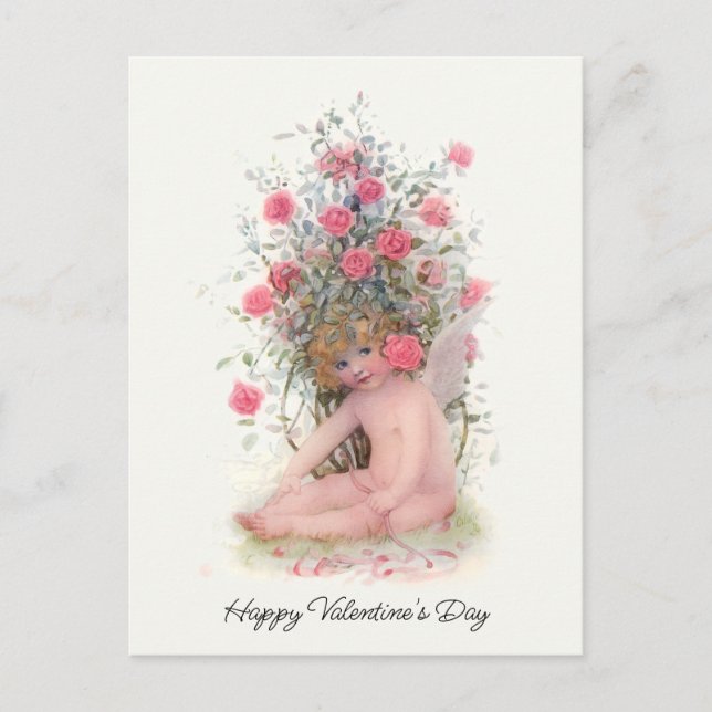 Vintage Cupid with Pink Roses Valentine Holiday Postcard (Front)