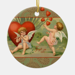 Vintage Cupids on Valentines Day with Hearts Ceramic Ornament