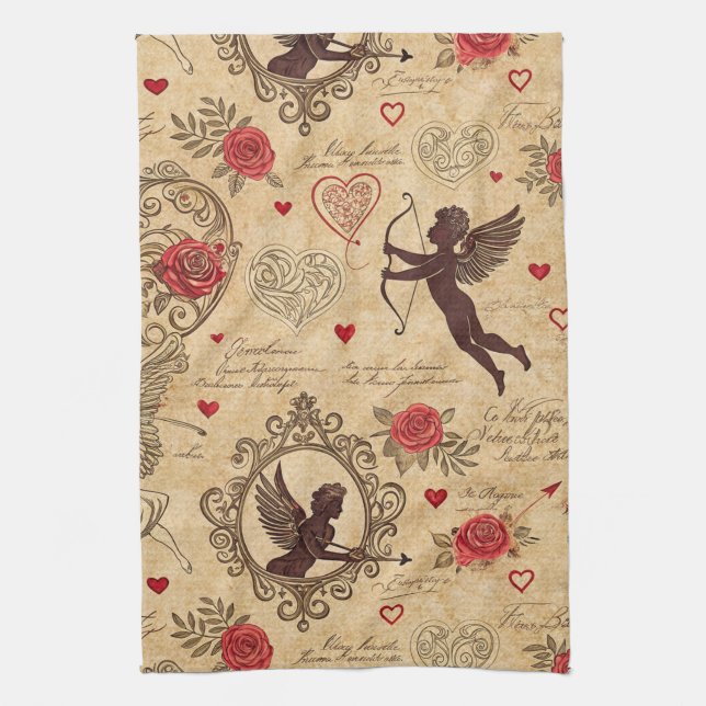 Vintage Cupid's Romantic Pattern (10) Kitchen Towel (Vertical)