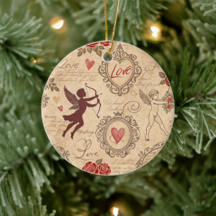 Vintage Cupid's Romantic Pattern (3) Ceramic Ornament