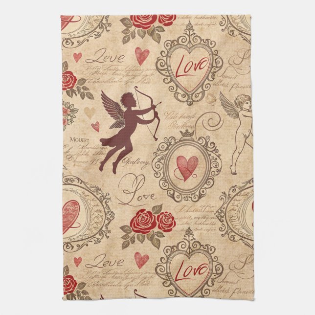 Vintage Cupid's Romantic Pattern (3) Kitchen Towel (Vertical)
