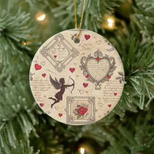Vintage Cupid's Romantic Pattern (8) Ceramic Ornament