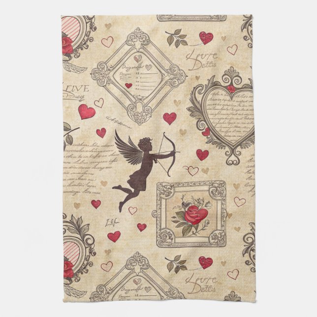 Vintage Cupid's Romantic Pattern (8) Kitchen Towel (Vertical)