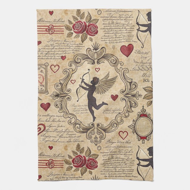 Vintage Cupid's Romantic Pattern (9) Kitchen Towel (Vertical)