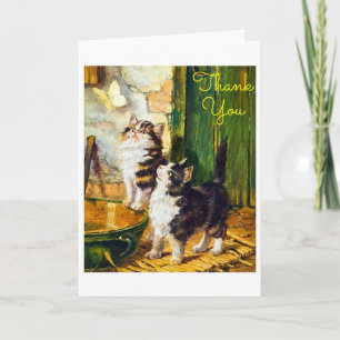 Vintage Curious Kittens Butterfly Art Thank You Card