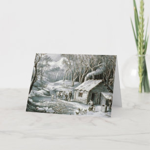 Vintage Currier & Ives Log Cabin Holiday Christmas Card