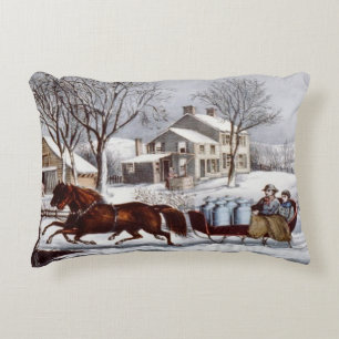 Vintage Currier & Ives Winter Sleigh Christmas Accent Pillow