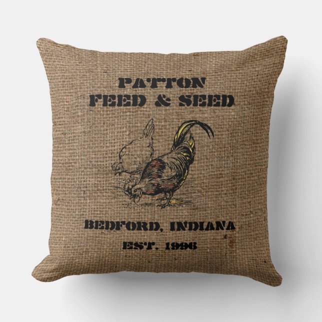 Vintage Custom Burlap Feed & Seed Advertising Throw Pillow (Front)