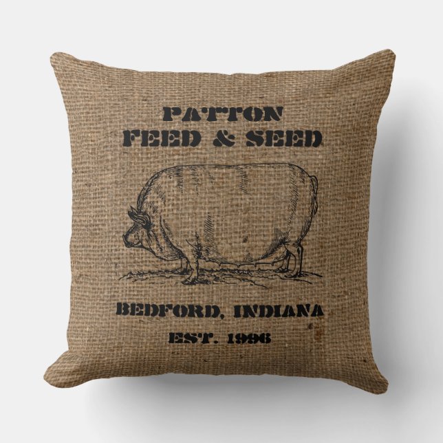 Vintage Custom Burlap Feed & Seed Advertising Throw Pillow (Front)