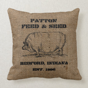 Vintage Custom Burlap Feed & Seed Advertising Throw Pillow