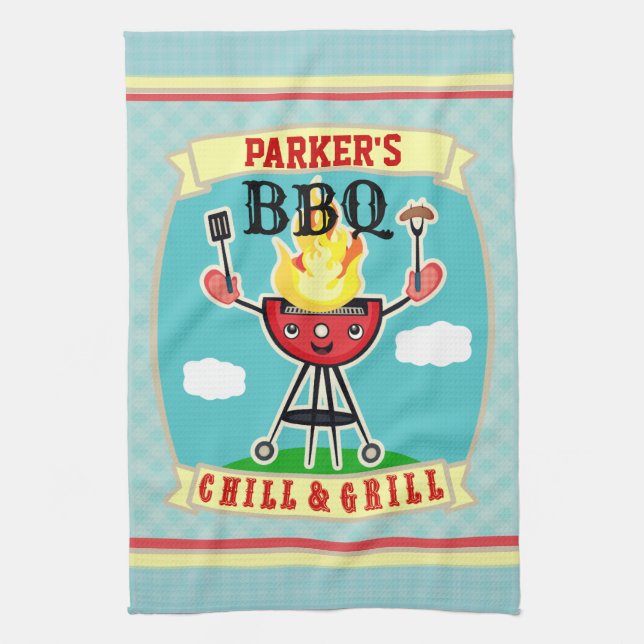 Vintage Custom Name Barbeque BBQ Towel (Vertical)