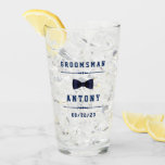 Vintage Custom Name Dark Blue Groomsman Glass<br><div class="desc">Vintage typography and a bow tie image make these personalized wedding party glass tumblers the perfect gift for any groom.</div>