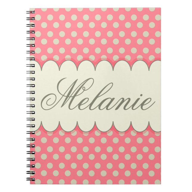 Vintage Custom Personalized Beige Pink Polka Dots Notebook (Front)