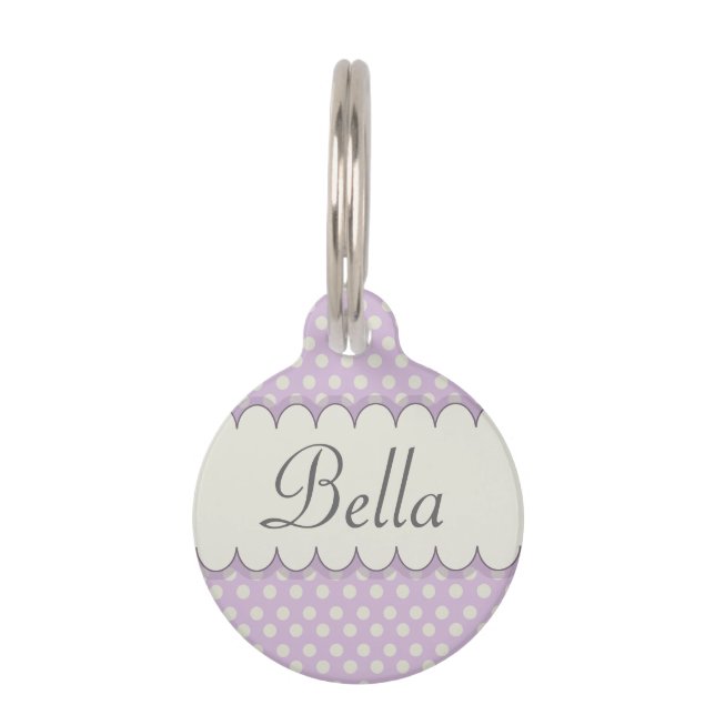 Vintage Custom Personalized Purple Polka Dots Pet Tag (Front)