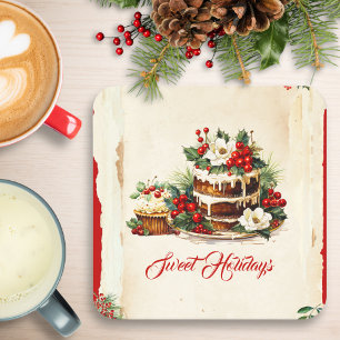 Vintage Custom Script Green Red Foliage Christmas Square Paper Coaster