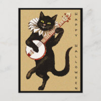 Vintage Custom Text Black Cat with Banjo Halloween